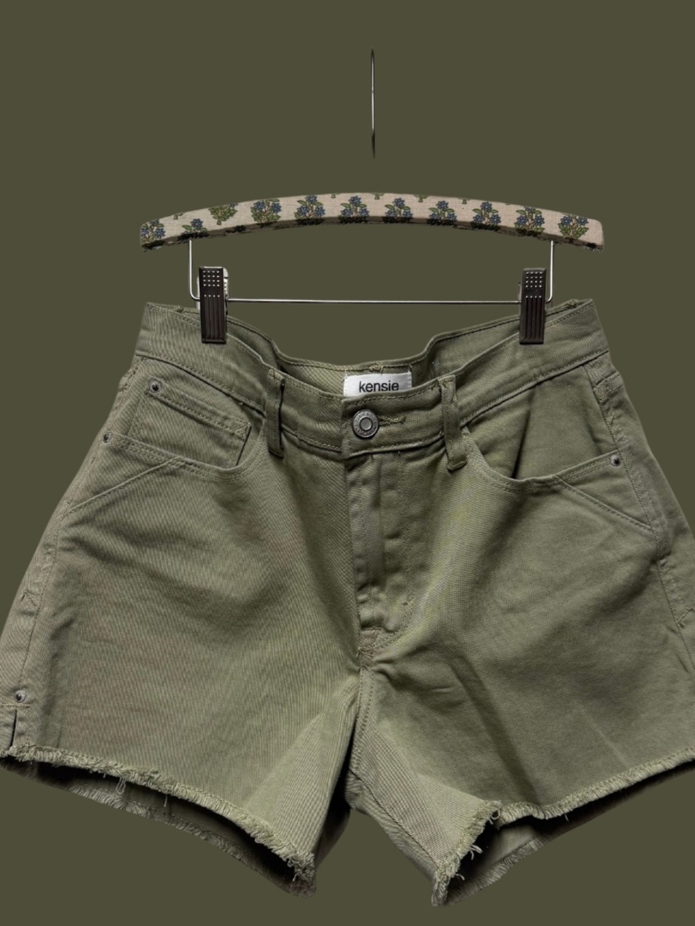 Kensie Olive Green High-Rise Cutoff Denim Shorts